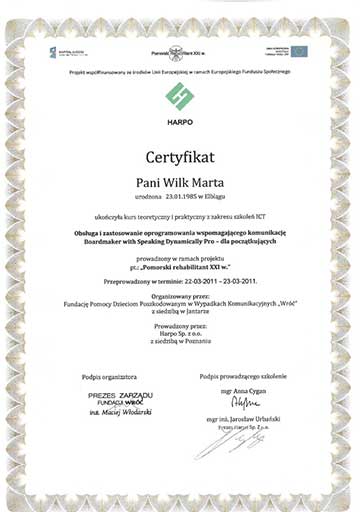 Certyfikat psycholog Marty Wilk