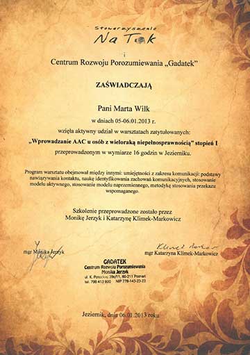 Certyfikat psycholog Marty Wilk