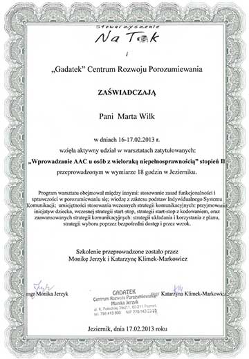 Certyfikat psycholog Marty Wilk