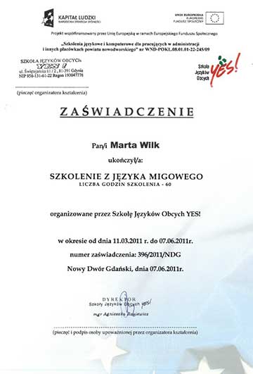 Certyfikat psycholog Marty Wilk