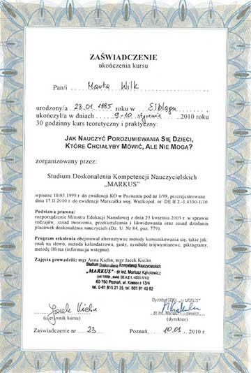 Certyfikat psycholog Marty Wilk