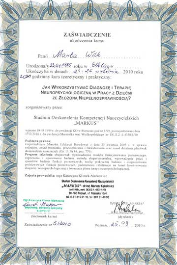 Certyfikat psycholog Marty Wilk