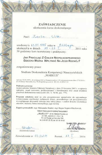 Certyfikat psycholog Marty Wilk