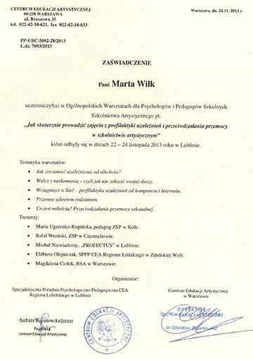 Certyfikat psycholog Marty Wilk