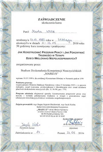 Certyfikat psycholog Marty Wilk