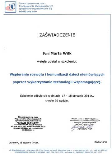 Certyfikat psycholog Marty Wilk