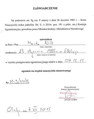Certyfikat psycholog Marty Wilk