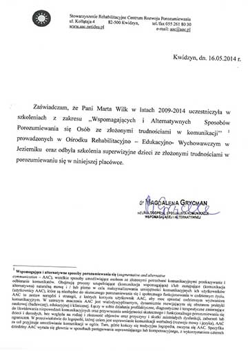 Certyfikat psycholog Marty Wilk