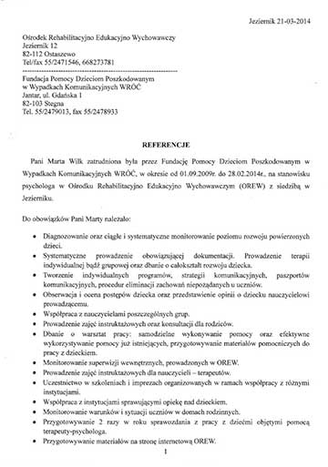 Certyfikat psycholog Marty Wilk