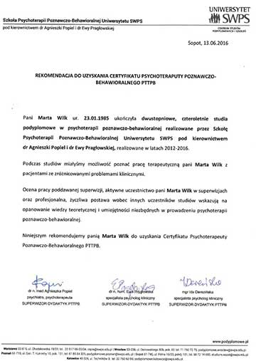 Certyfikat psycholog Marty Wilk
