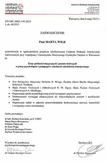 Certyfikat psycholog Marty Wilk