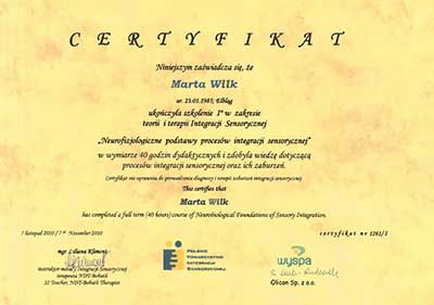 Certyfikat psycholog Marty Wilk