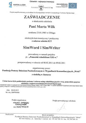 Certyfikat psycholog Marty Wilk