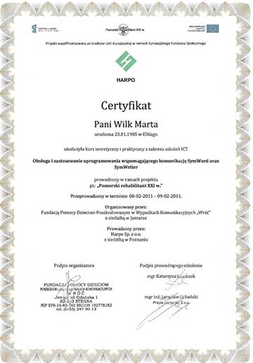 Certyfikat psycholog Marty Wilk