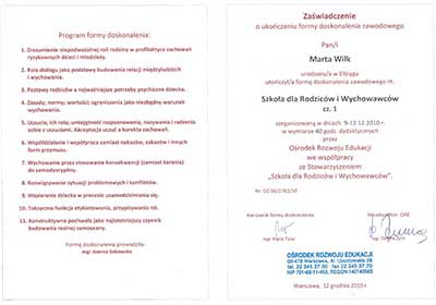 Certyfikat psycholog Marty Wilk