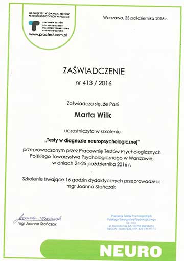 Certyfikat psycholog Marty Wilk
