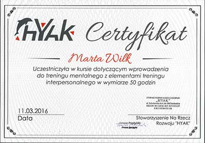 Certyfikat psycholog Marty Wilk