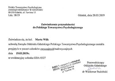 Certyfikat psycholog Marty Wilk