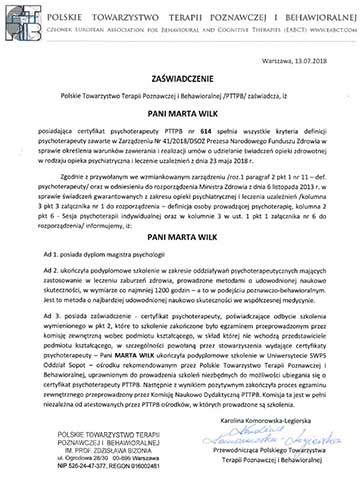 Certyfikat psycholog Marty Wilk