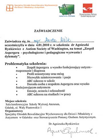 Certyfikat psycholog Marty Wilk