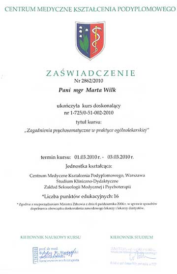 Certyfikat psycholog Marty Wilk