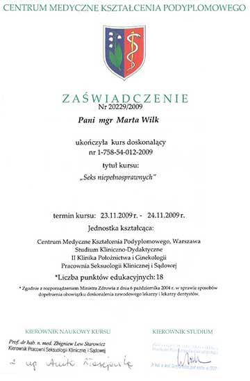 Certyfikat psycholog Marty Wilk