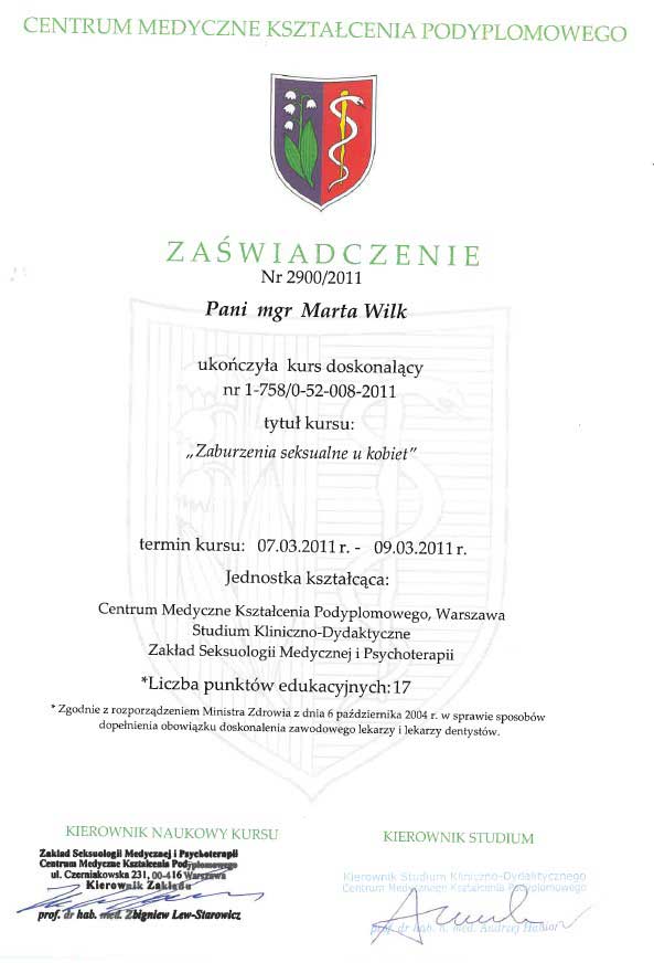 Certyfikat psycholog Marty Wilk