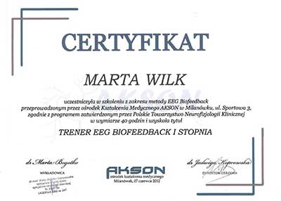 Certyfikat psycholog Marty Wilk